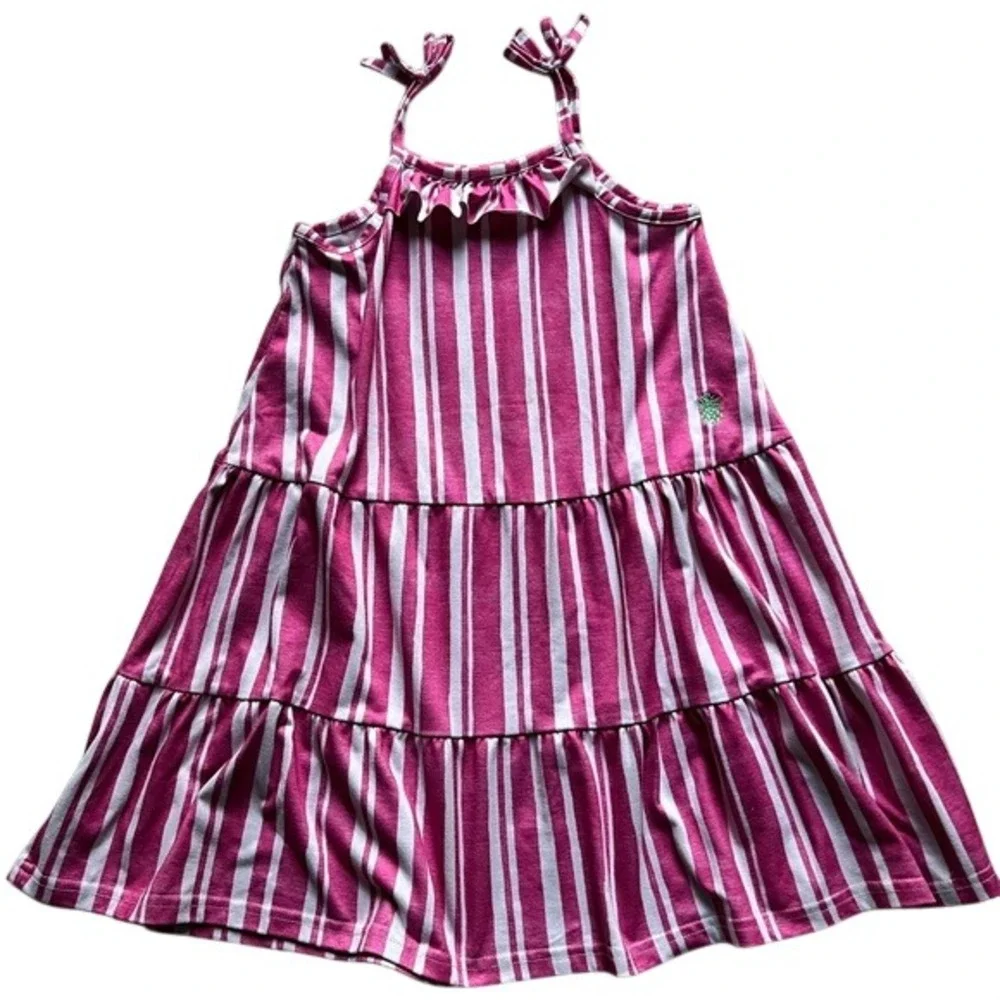 Tommy Bahama Kids Pink White Striped Tiered Ruffle Pineapple Sun Dress Size 5